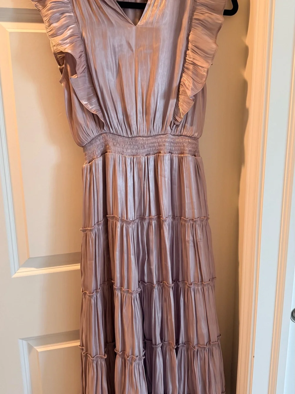 Lulu's Metallic Rose Taupe Ruffle-Tier Maxi Dress